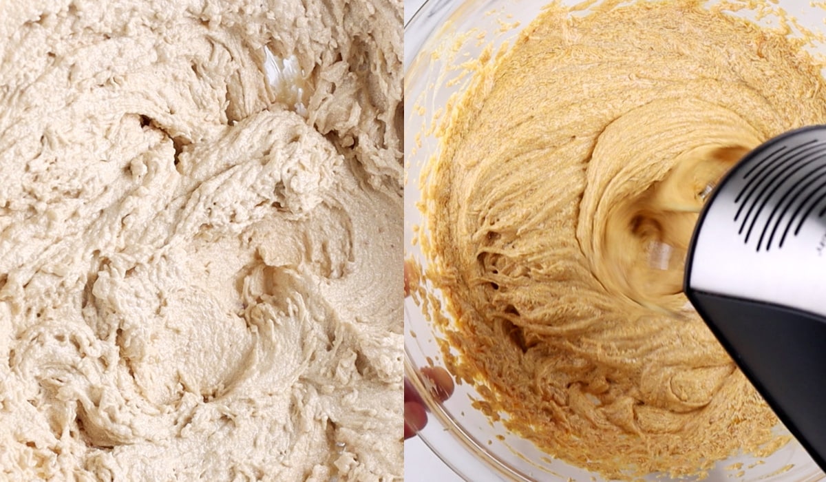 Two images showing creamed butter and sugar then a mixer whipping pumpkin into the butter.