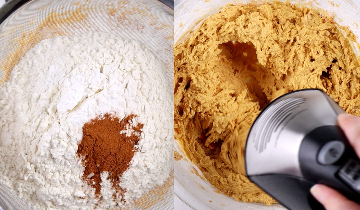Two images showing dry ingredients in a metal sieve then a hand mixer whipping pumpkin cookie batter.